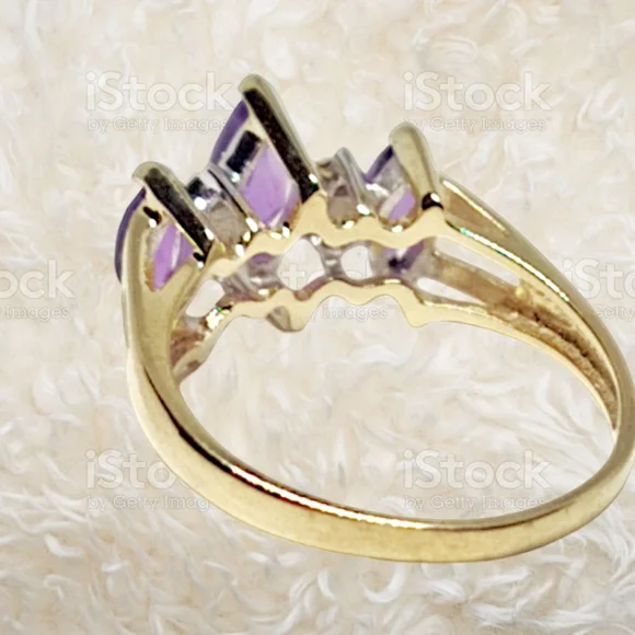 Solid 14k Gold Ring with Marquis Cut Amethyst Gemstones and Round Cut Diamonds - Picture 6 of 7
